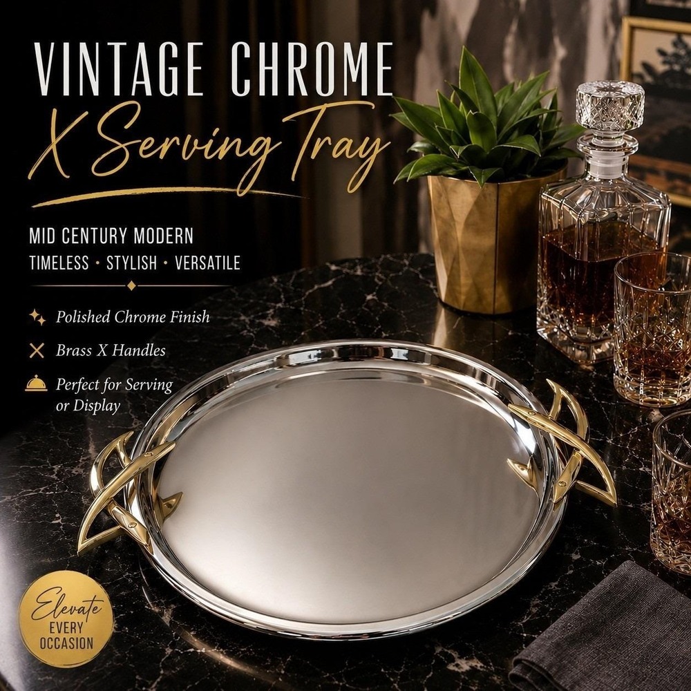 Vintage Chromex Chrome Serving Tray MCM Space Age Atomic Barware Cocktail Atomic